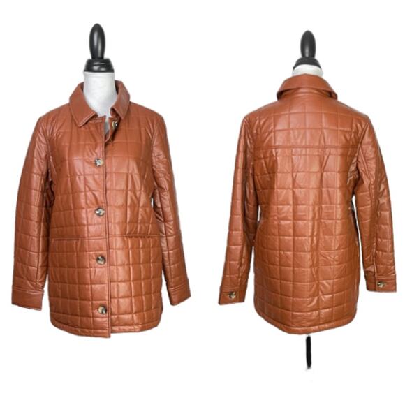 Sam Edelman | NWT Cognac Brown Faux Leather Box Quilted Jacket - Picture 1 of 11
